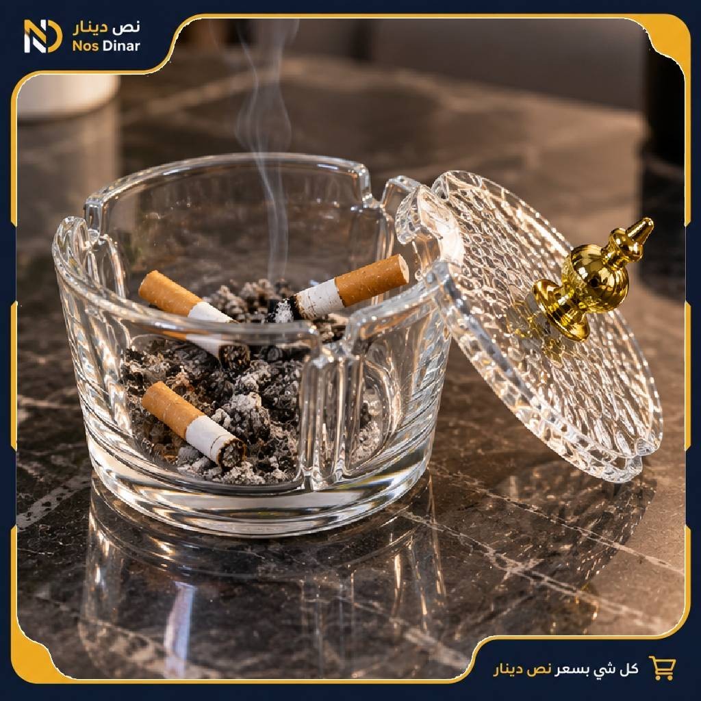 Clear Glass Ashtray with Lid and Gold Handle - 1 Pc