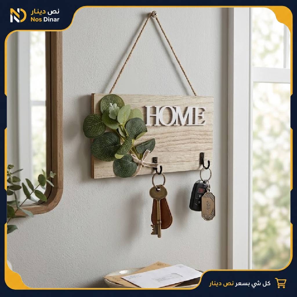 Decorative Wooden "HOME" Key Holder Plaque with Eucalyptus Sprigs and Two Hooks