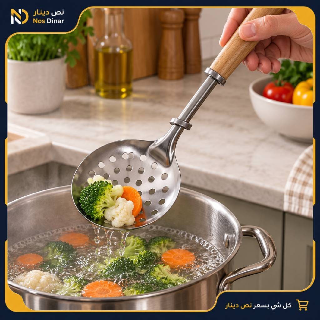 Stainless Steel Slotted Skimmer Spoon with Wooden Handle