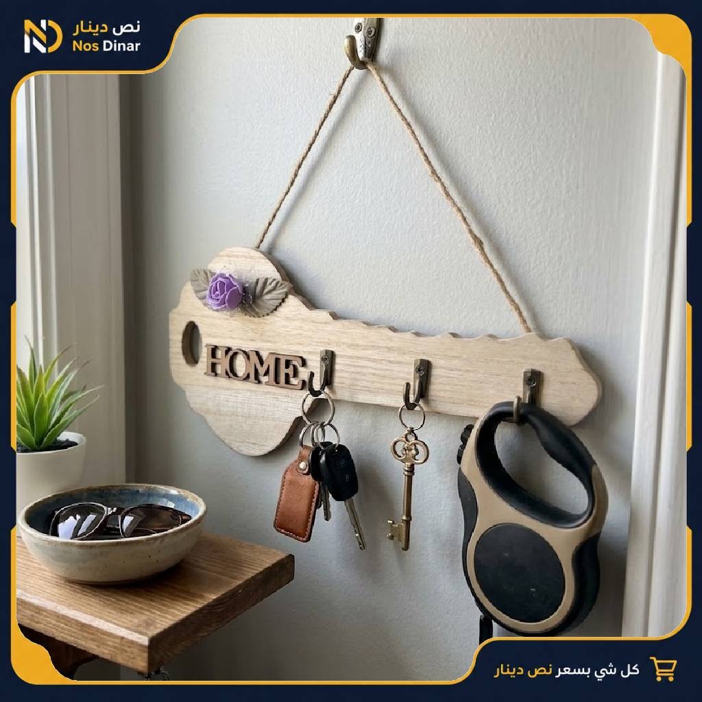 Decorative Wooden Key-Shaped Wall Key Holder with 3 Hooks and Flower Accent